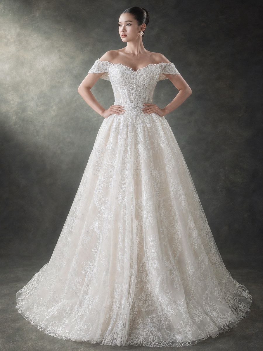 suông ren trễ vai đính kết — RTW-30016 · 胡志明市 Vivian Bridal 婚纱