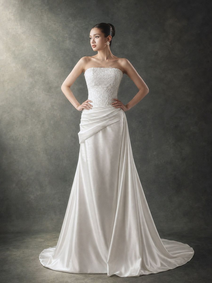 cá satin xếp ly eo cúp ngực phối ren — RTW-50008 · váy cưới tại Vivian Bridal, TP.HCM