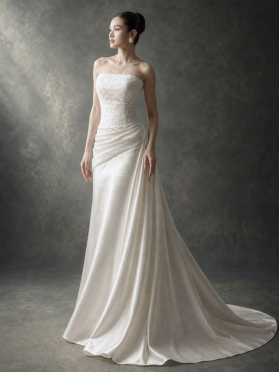 cá satin xếp ly eo cúp ngực phối ren — RTW-50008 · váy cưới tại Vivian Bridal, TP.HCM