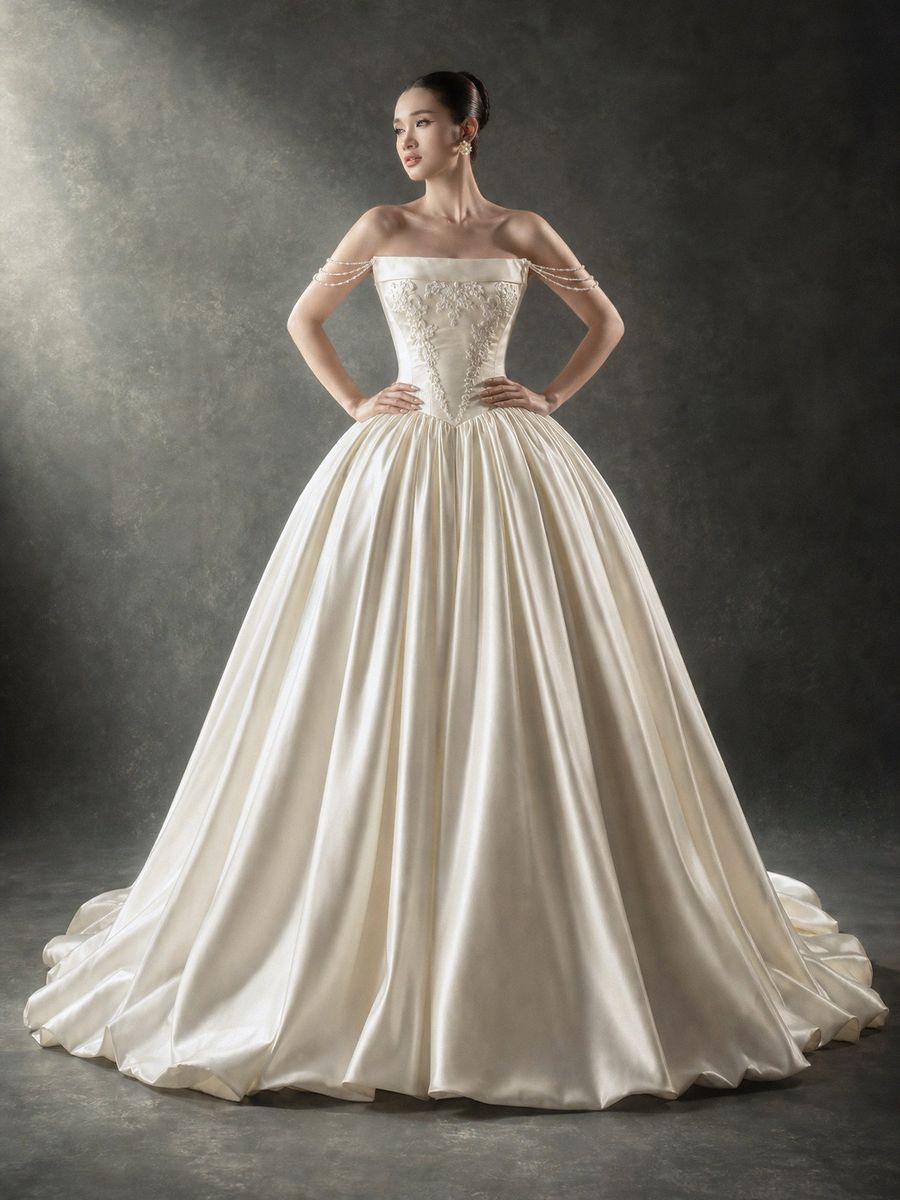xoè satin cúp ngực ngang màu kem — RTW-70022 · váy cưới tại Vivian Bridal, TP.HCM