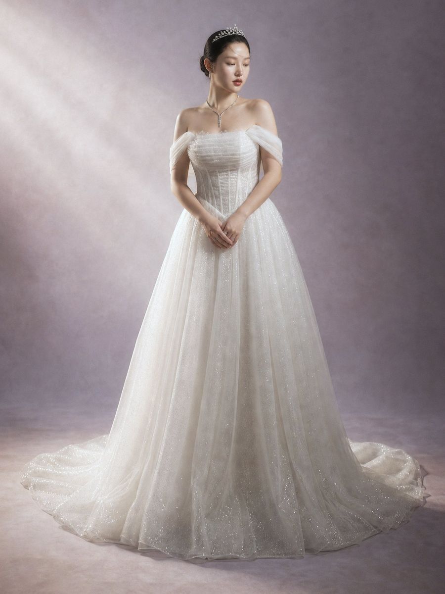suông kim tuyến trễ vai — BZ-30006 · váy cưới tại Vivian Bridal, TP.HCM