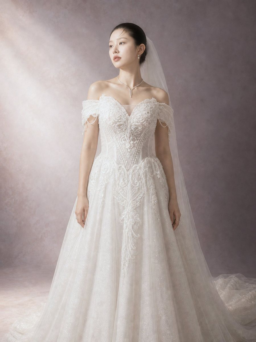 suông ren trễ vai đính kết — BZ-30007 · váy cưới tại Vivian Bridal, TP.HCM
