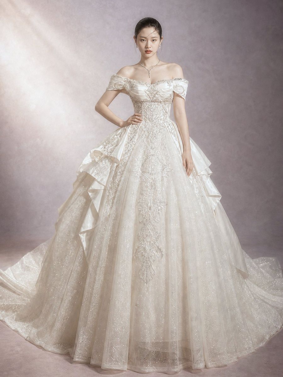 xoè vi tính trễ vai phối phi đính kết — BZ-70003 · váy cưới tại Vivian Bridal, TP.HCM