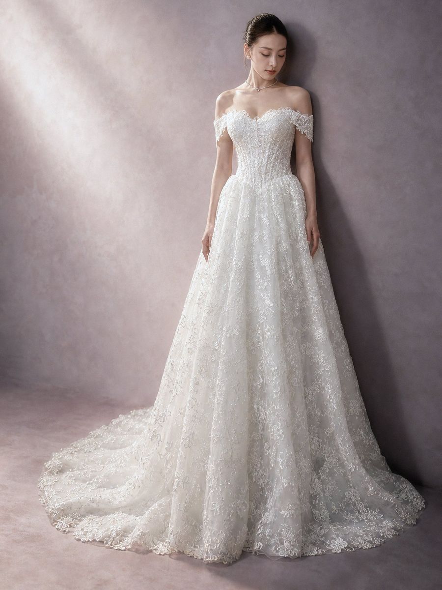 suông ren trễ vai corset — RTW-30003 · váy cưới tại Vivian Bridal, TP.HCM