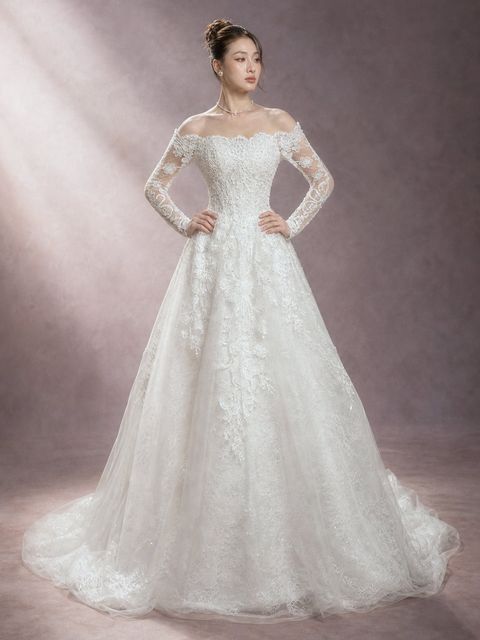 Column lace floral long sleeve wedding dress, RTW-30004, $338 at Vivian Bridal Ho Chi Minh City