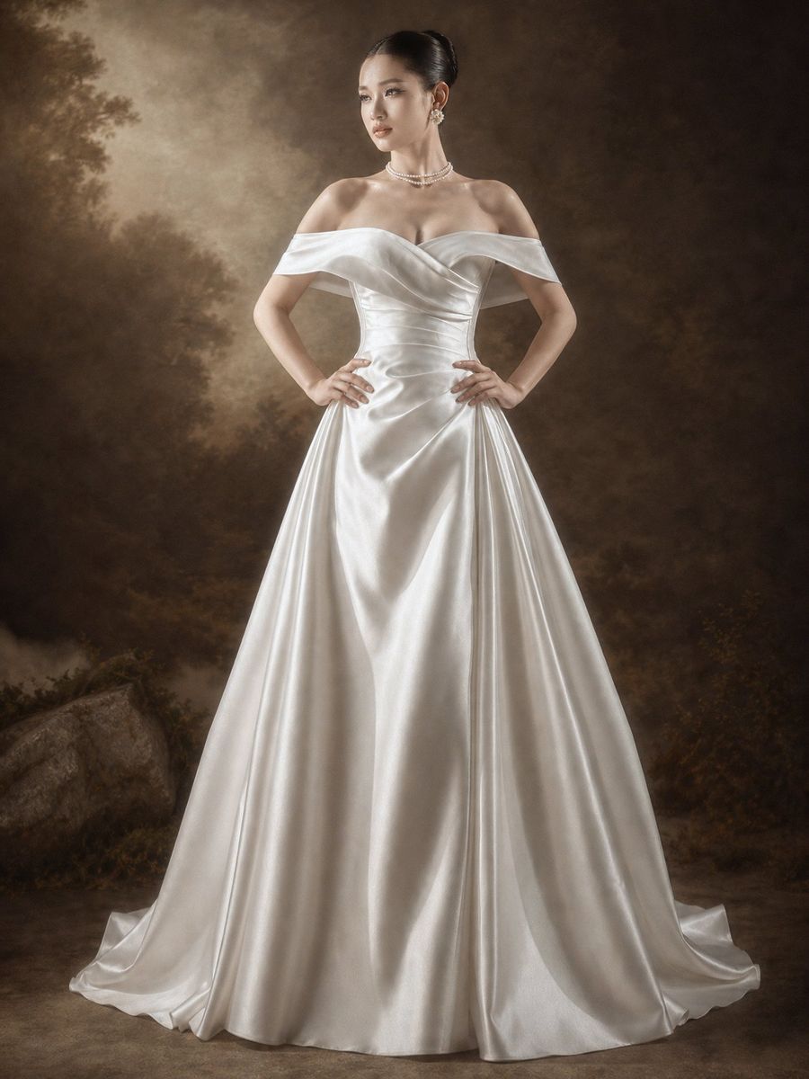 suông satin trễ vai xếp li — RTW-30008 · váy cưới tại Vivian Bridal, TP.HCM