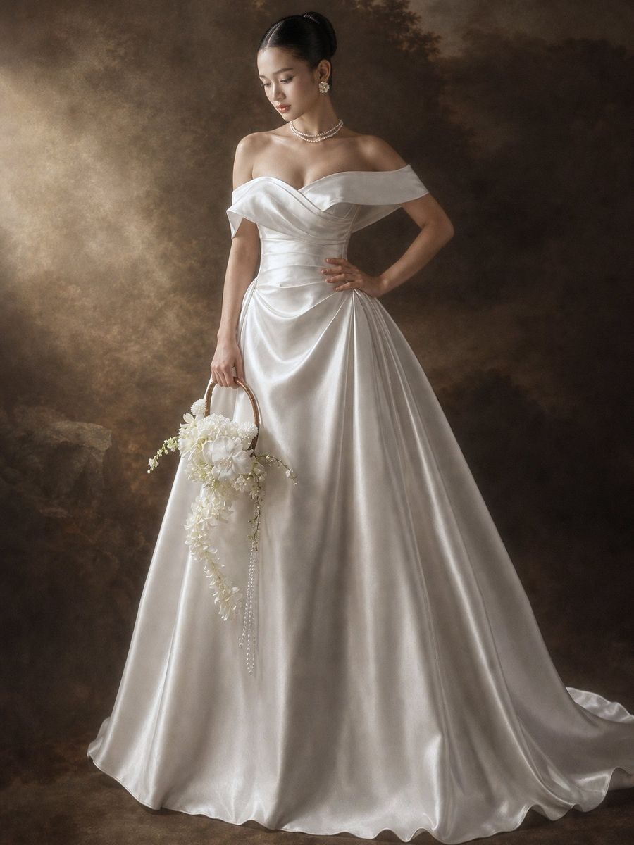 suông satin trễ vai xếp li — RTW-30008 · váy cưới tại Vivian Bridal, TP.HCM