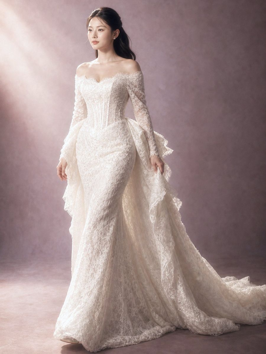 cá ren tay dài kèm tà màu nude — RTW-50004 · váy cưới tại Vivian Bridal, TP.HCM