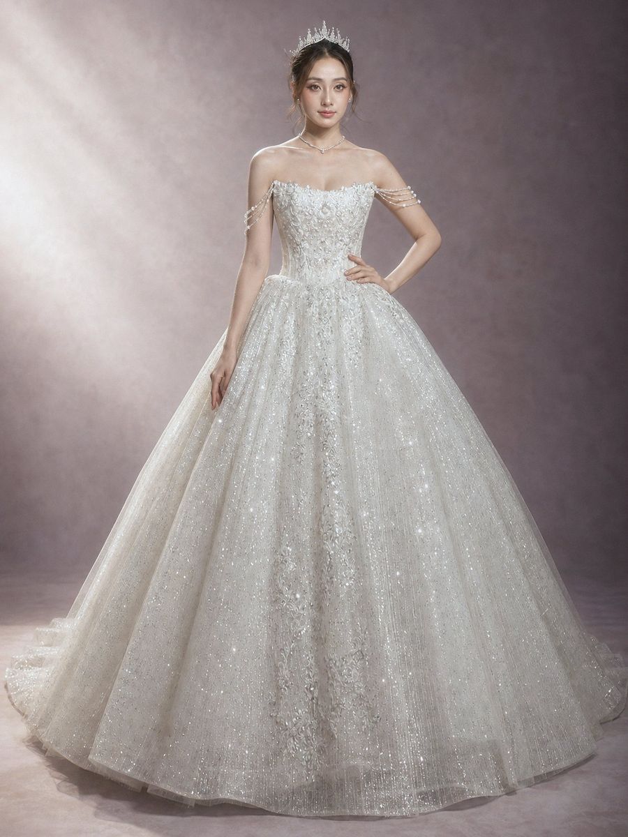 xoè vi tính cúp ngực 2 dây ngọc — RTW-70014 · váy cưới tại Vivian Bridal, TP.HCM