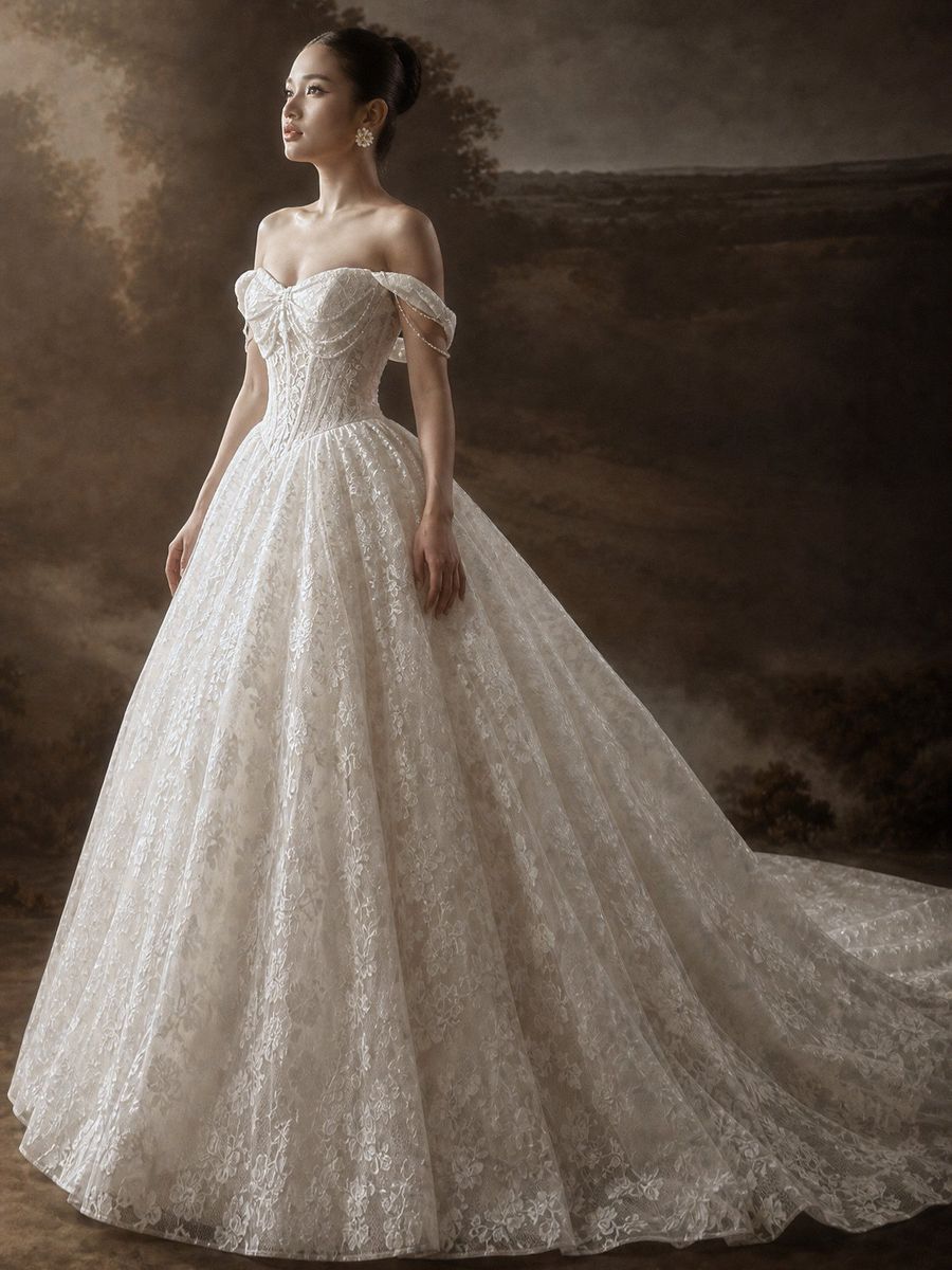 xoè ren trễ vai màu nude — RTW-70018 · váy cưới tại Vivian Bridal, TP.HCM
