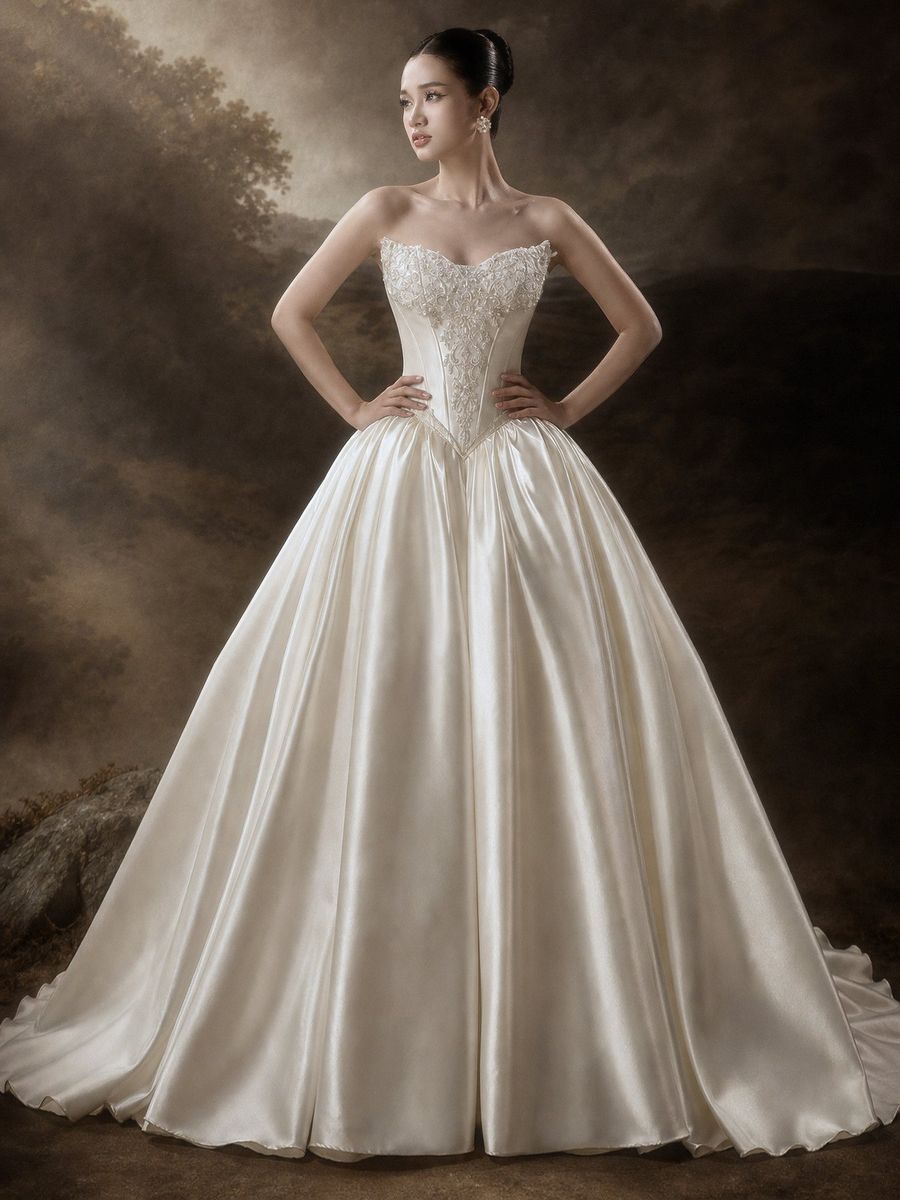 xoè satin cúp ngực đính kết màu kem — RTW-70021 · váy cưới tại Vivian Bridal, TP.HCM
