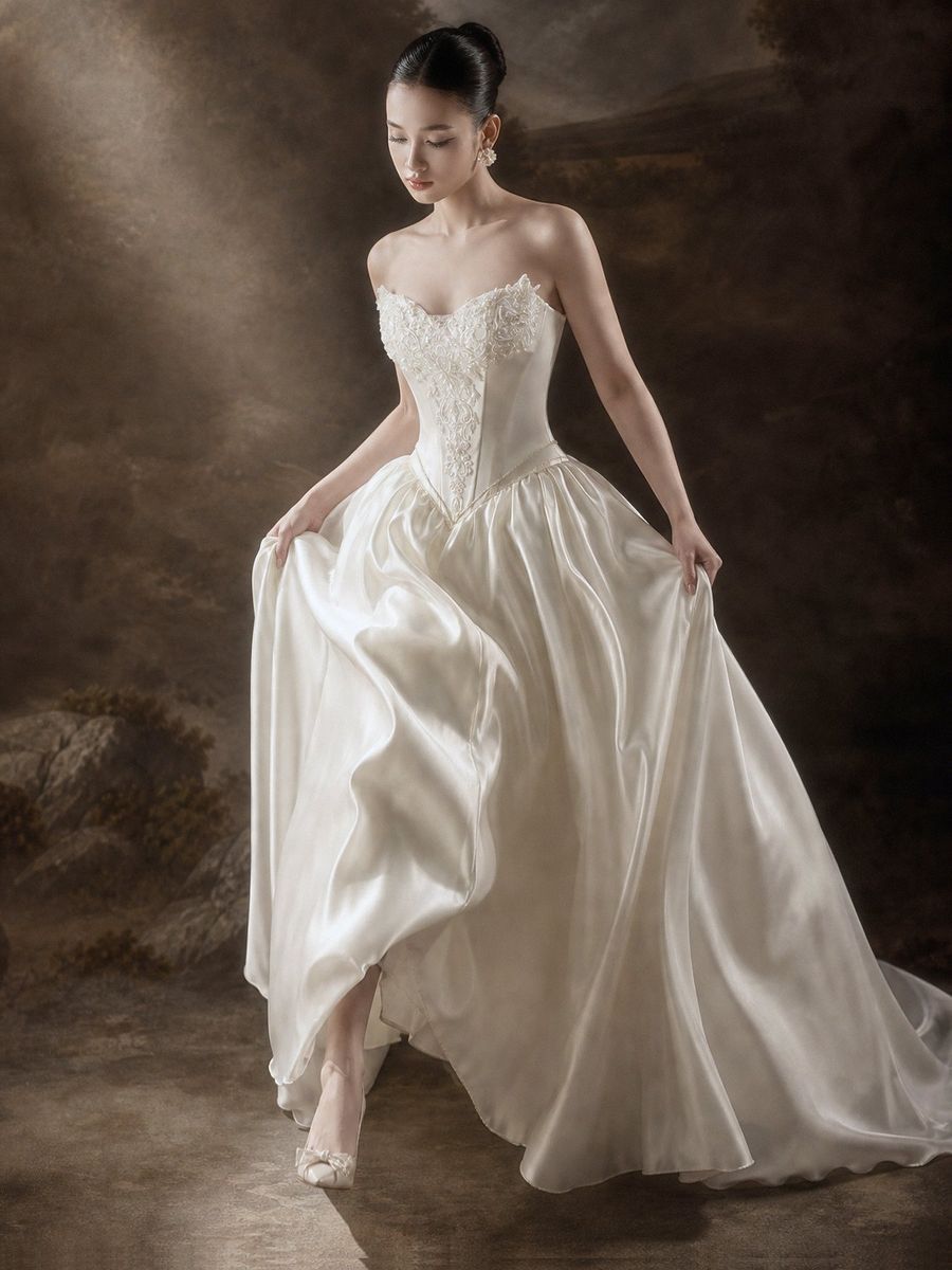 xoè satin cúp ngực đính kết màu kem — RTW-70021 · váy cưới tại Vivian Bridal, TP.HCM
