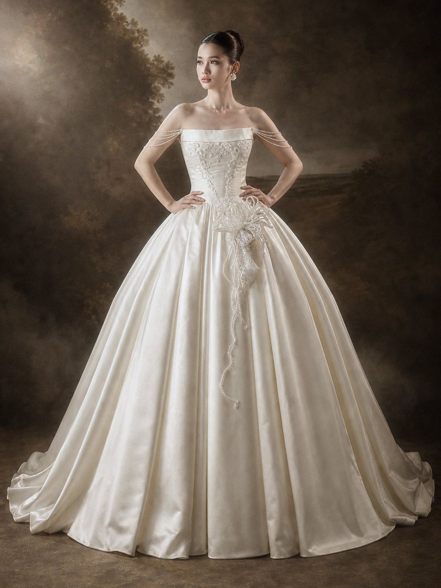 xoè satin cúp ngực ngang màu kem — RTW-70022 · váy cưới tại Vivian Bridal, TP.HCM
