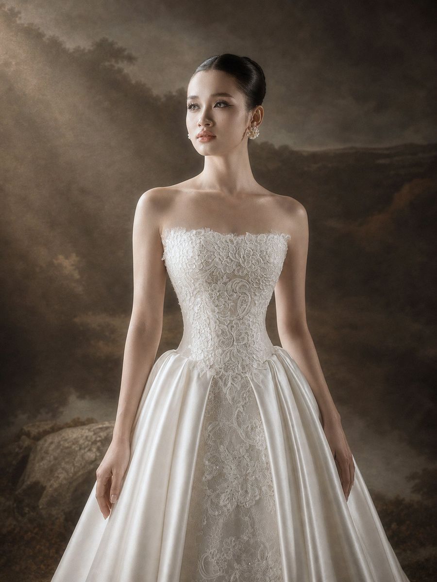 xoè satin phối ren cúp ngực đính kết — RTW-70023 · váy cưới tại Vivian Bridal, TP.HCM