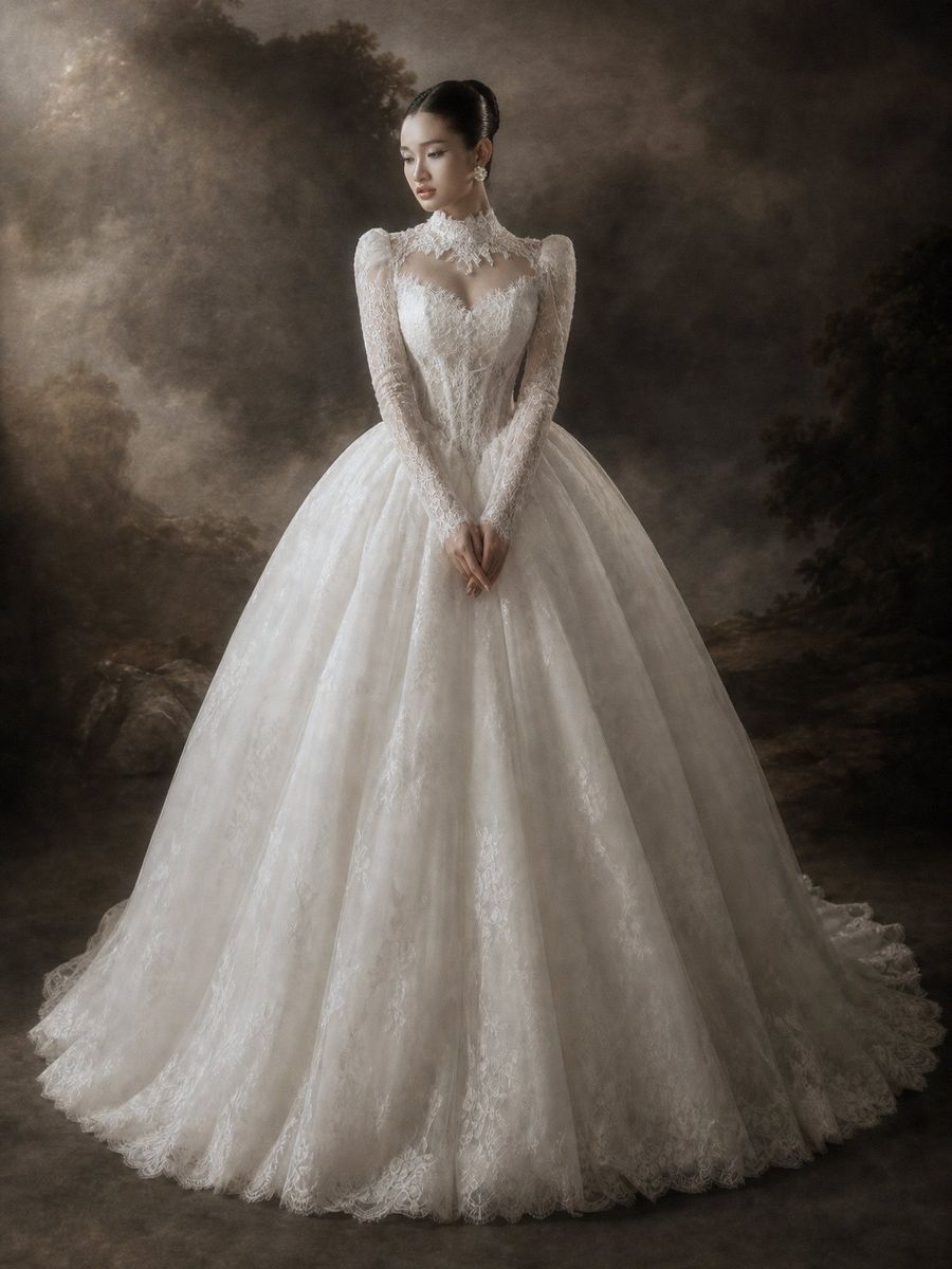 xoè ren tay dài cao cổ — RTW-70024 · váy cưới tại Vivian Bridal, TP.HCM
