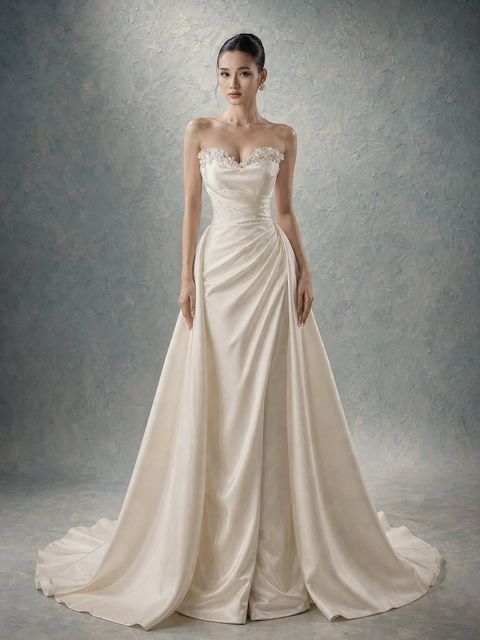 Column satin strapless floral full skirt wedding dress, VNCC-756, $115 at Vivian Bridal Ho Chi Minh City